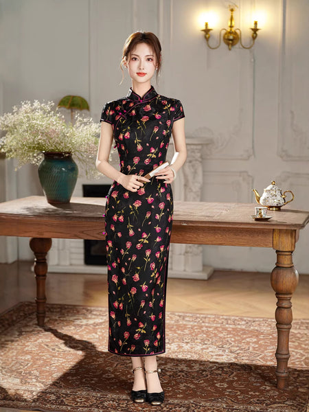 black silk chinese dress Modern Chinese Qipao, Mulberry Silk cheongsam, Evening Dress, black co QipaoMood