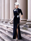 Chinese Cheongsam, Black qipao, Evening Dress, Ball Gown, navy blue velvet qipao, evening gown, Mandarin collar