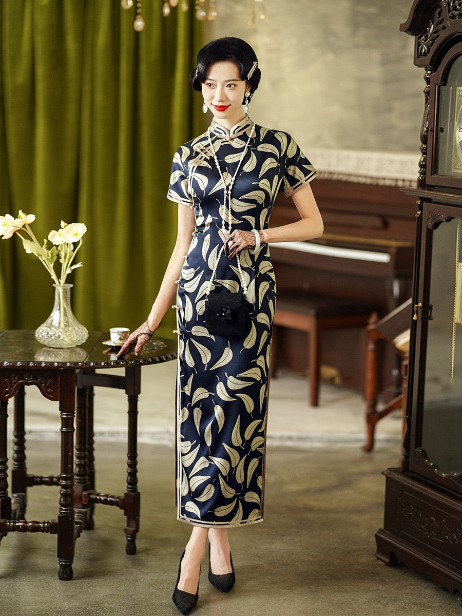 slim fit dress slacks Blue Qipao Dress with Gold Dragon main image 1