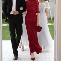 Chinese wedding dress, traditional Chinese dress, red lace Cheongsam, Bridal dress, mermaid tail dress, mandarin collar