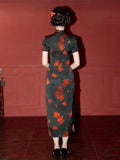 Modern Chines, spring dress, black floral qipao