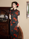 Modern Chines, spring dress, black floral qipao