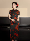 Modern Chines, spring dress, black floral qipao