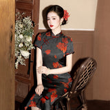 Modern Chines, spring dress, black floral qipao