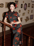 Modern Chines, spring dress, black floral qipao