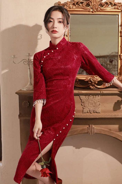 Modern Chinese Qipao, Chinese Cheongsam Dress, Tea Ceremony, 3/4 Sleeve, Wedding Qipao L Modern Chinese Qipao, Chinese Cheongsam Dress, Tea Ceremony, 3/4 Sleeve, Wedding Qipao L