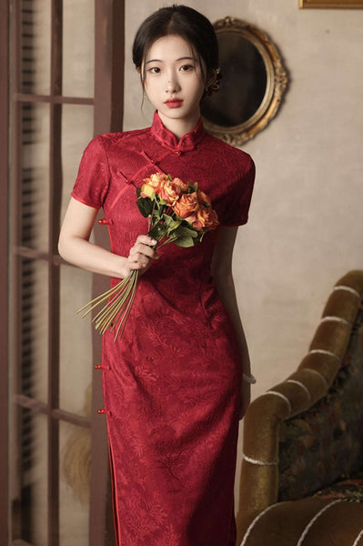 Qipao Chinese Tea Ceremony Wedding Dress Modern Chinese Qipao, Red Embroidered Floral Cheongsam, Evening Dress, Tea Qipao Chinese Tea Ceremony Wedding Dress Modern Chinese Qipao, Red Embroidered Floral Cheongsam, Evening Dress, Tea