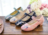 Chinese embroidery style womens shoes with Crane, pointed toes, Mary Jane shoes