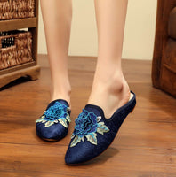 Chinese Embroidery slipper, Women's Slip-on, shoes, 3D flower pattern, Embroidered Mule, Low heel, Navy blue, Red, black, work from home
