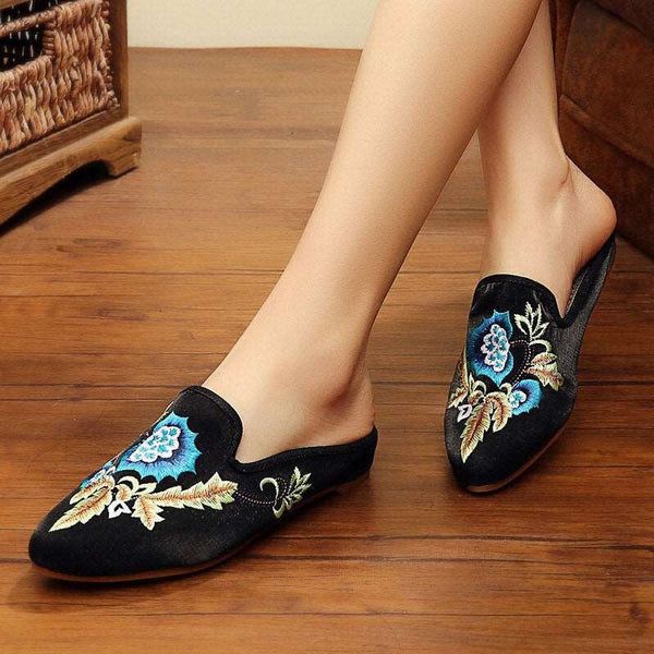 Chinese Embroidery slipper, Women's Slip-on, shoes, flower plant pattern, Embroidered Mule, Low heel, Wine Red, Black, Red, work from home