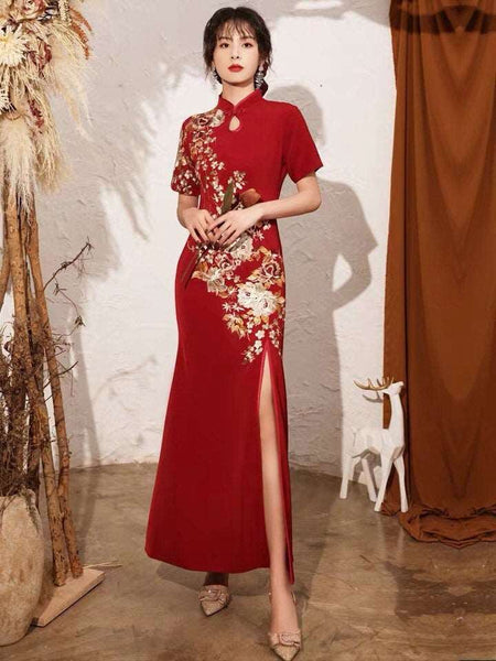 Custom make available, wine red wedding dress, traditional Chinese dress, embroidered Cheongsam, Bridal dress, mandarin collar, tea ceremony