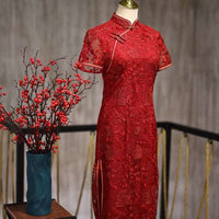 Free alteration, Chinese wedding dress, lace floral Cheongsam, Red Bridal dress, tea Ceremony, mandarin collar
