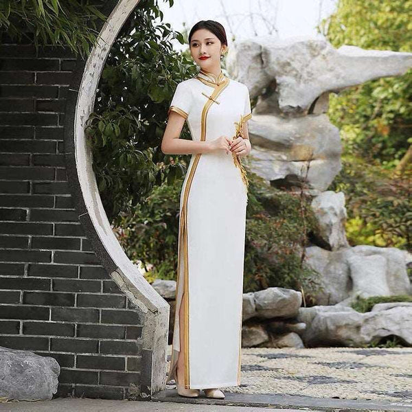 Custom make available, Traditional Chinese dress, embroidered Cheongsam, China wedding dress, White gold color wedding qipao, minimalist Design XL Custom make available, Traditional Chinese dress, embroidered Cheongsam, China wedding dress, White gold color wedding qipao, minimalist Design XL