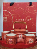 Chinese Ceramic wedding tea ceremony set, personalized print,  1 pot+6 cups+wood tray, Matte red, double blessing, double happiness pattern