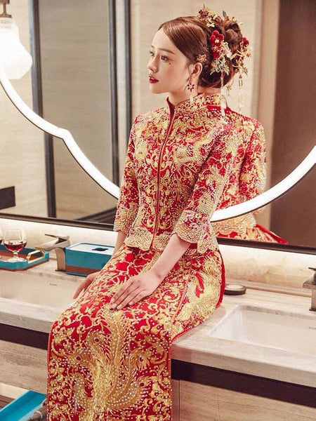 embroidered Qun Kwa, Bridal dress, tea ceremony M embroidered Qun Kwa, Bridal dress, tea ceremony M
