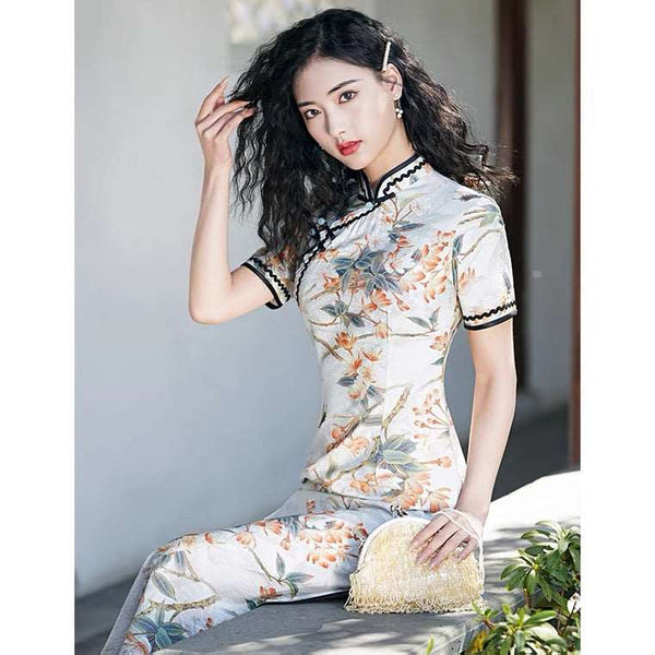 Chinese Cheongsam, Ball Gown, summer qipao dress, Mandarin collar, floral prints
