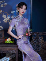 Chinese Cheongsam, purple color qipao, Evening Dress, Ball Gown, floral print, Mandarin collar