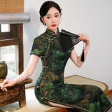 Free alteration, Traditional Chinese Qipao dress, Evening Dress, green floral dress, full length, mandarin collar