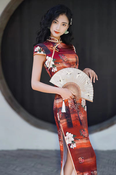 Modern Chinese Qipao, Mulberry Silk Cheongsam,  Evening Dress, Tea ceremony,  Full length, mandarin collar