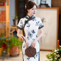 Chinese Cheongsam, Ball Gown, summer qipao dress, white floral color, Mandarin collar