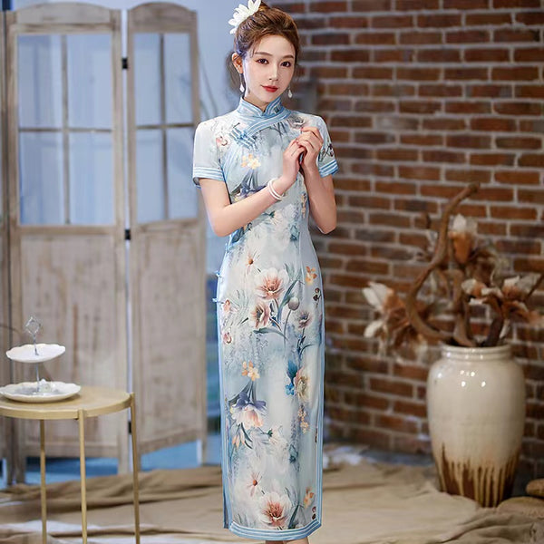Chinese Cheongsam, Evening Dress, Ball Gown, light blue floral dress, Mandarin collar