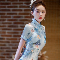 Chinese Cheongsam, Evening Dress, Ball Gown, light blue floral dress, Mandarin collar