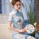 Chinese Cheongsam, Evening Dress, Ball Gown, light blue floral dress, Mandarin collar