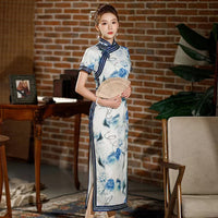 Chinese Cheongsam, Ball Gown, summer qipao dress, white floral color, Mandarin collar