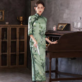 Chinese Cheongsam, green color qipao, Evening Dress, Ball Gown, floral pattern, Mandarin collar, 3/4 Sleeve