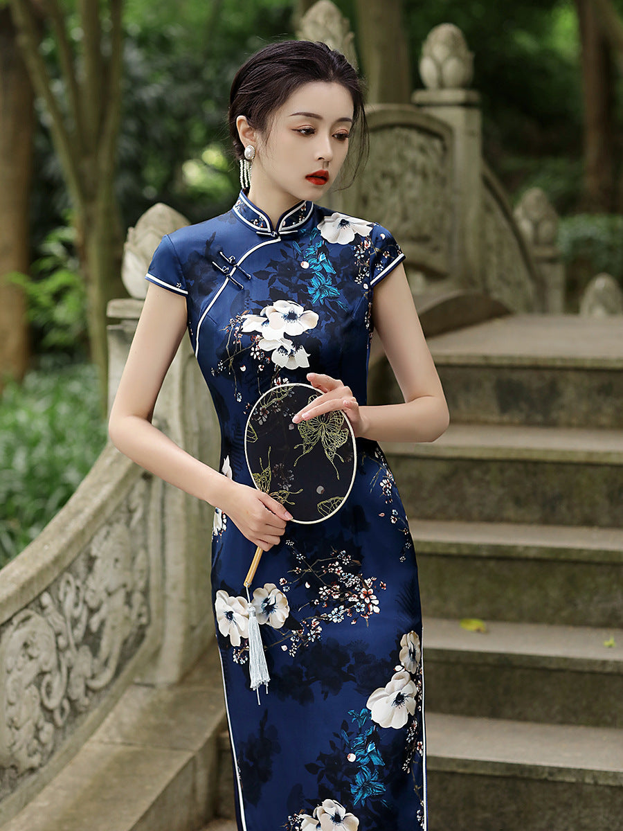 Modern Chinese Qipao dress, Mulberry Silk cheongsam, Blue color, Eveni ...