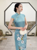 Qipao chinois moderne, cheongsam en soie de mûrier, robe de soirée, qipao de couleur bleue