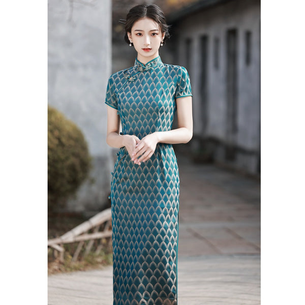 Qipao chinois moderne, robe de soirée, couleur bleue, robes de bal, col mandarin