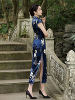 Robe Qipao chinoise moderne, cheongsam en soie de mûrier, couleur bleue, robe de soirée, col mandarin
