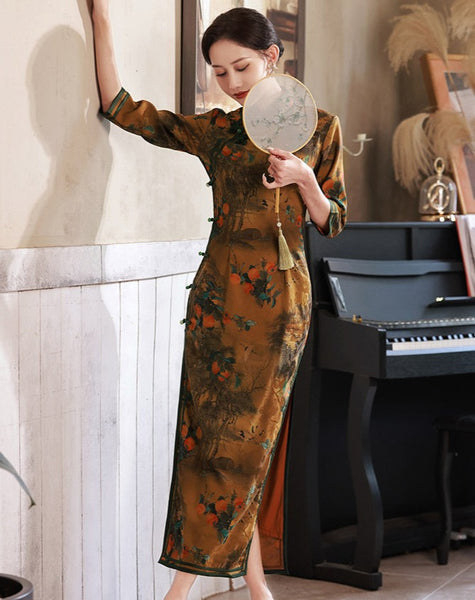 Elegant traditional Chinese dress, Chinese Cheongsam Dress, Ball Gowns, Long Evening Dresses, 3/4 sleeve, mandarin collar