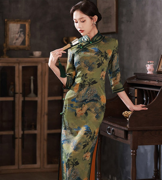 Elegant traditional Chinese dress, Chinese Cheongsam Dress, Evening Dress, Ball Gowns, Long Evening Dresses, 3/4 sleeve, mandarin collar