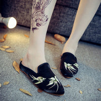 Chinese Embroidery slipper, Women's Slip-on, shoes, swallow pattern, Embroidered Mule, Low heel, Wine Red, Red, Black, work from home