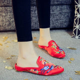 Chinese Embroidery slipper, Women's Slip-on, Embroidered Mule, Low heel, Flowers and Birds Patterns, Red, Black, work from home