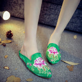 Chinese Embroidery slipper, Women's Slip-on, shoes, Peony flower pattern, Embroidered Mule, Low heel, Green, Red, work from home