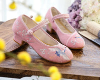 Chinese embroidery style womens shoes with Crane, pointed toes, Mary Jane shoes