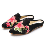 Chinese Embroidery slipper, Women's Slip-on, shoes, flower pattern, Embroidered Mule, Low heel, Wine Red, Red, Pink, Black, work from home