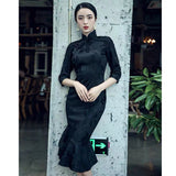 Traditional Chinese dress, Chinese Cheongsam, Evening Dress, Ball Gown, mandarin collar, asymmetric hem, 3/4 sleeve