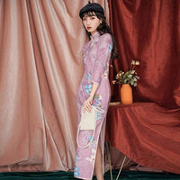 Traditional Chinese dress, Chinese Cheongsam, pink qipao, lotus flower prints, Ball Gown, 3/4 sleeve