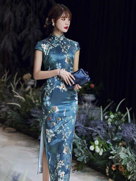 Modern Chinese Qipao, China Cheongsam, Long Qipao, Lake blue color, lotus flower prints, short sleeve, mandarin collar