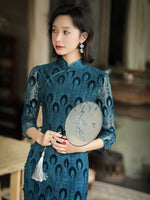 Traditional Chinese dress, Chinese Cheongsam, Blue peacock tail lace pattern qipao, evening Dress, Ball Gown,3/4 sleeve, mandarin collar