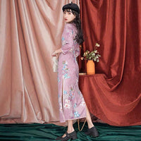 Traditional Chinese dress, Chinese Cheongsam, pink qipao, lotus flower prints, Ball Gown, 3/4 sleeve