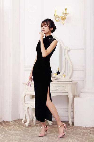 Black Floral Velvet Qipao Cheongsam Dress, 4XL Black Floral Velvet Qipao Cheongsam Dress, 4XL