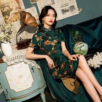 Traditional Chinese dress,  Cheongsam Dress, Kneelength Green Qipao, Evening Dress, Spring color, Floral prints, gift for her