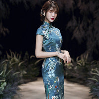 Traditional Chinese dress, China Cheongsam, Long Qipao, Lake blue color, lotus flower prints, short sleeve, mandarin collar