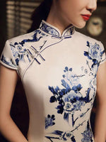 Traditional Chinese dress, China Cheongsam, Long Qipao, flower prints, short sleeve, spring qipao, blue and white, mandarin collar