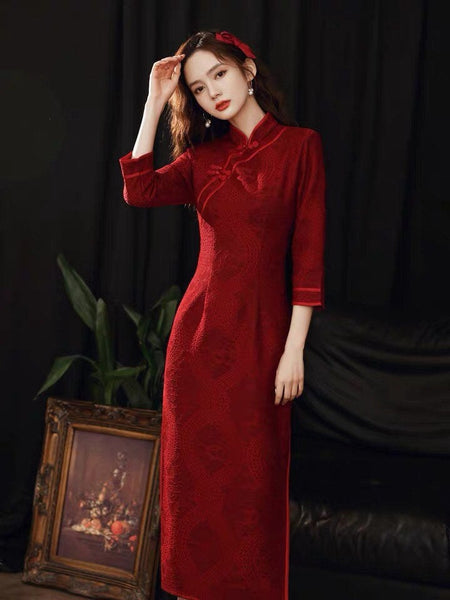 Modern Chinese Qipao, Chinese Cheongsam, warm winter qipao, wedding dress, Bridal dress, gift for her, 3/4 Sleeve, mandarin collar